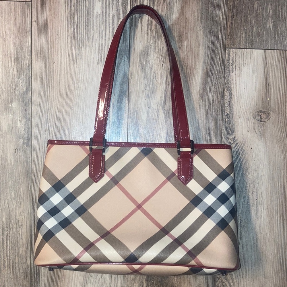 Burberry Supernova Check Canvas with Red Patent Leather Trim Regent Tote